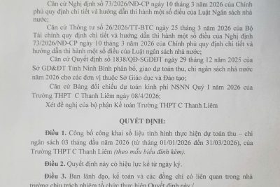 Quyết định về việc công bố công khai tình hình thực hiện dự toán thu – chi ngân sách 03 tháng đầu năm 2026 của Trường THPT C Thanh Liêm
